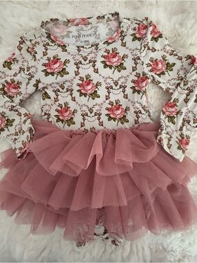 Posh Peanut pink & white Rose Print long sleeve Tuley dress 12 to 18 months